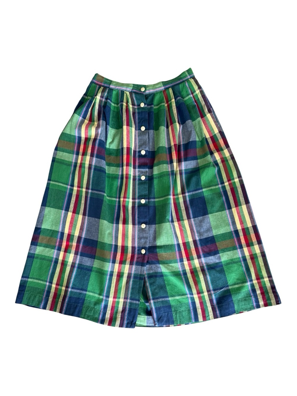 Vintage British Khaki Robert Lighton Madras Plaid A-Line Midi Skirt 12 Cotton